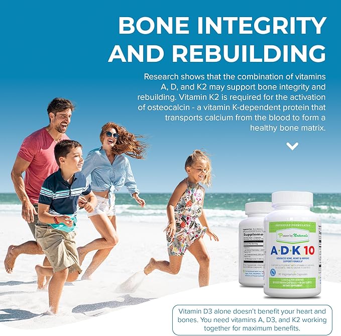 Complément Alimentaire Vitamine ADK Power By Naturals – ADK 10 Haute Puissance avec Vitamines A, D3 10 000 UI & K2 MK7 pour la Santé Osseuse – Complément Vitamine A D K – 90 Gélules, Lot de 2 (6 Mois de Traitement)
