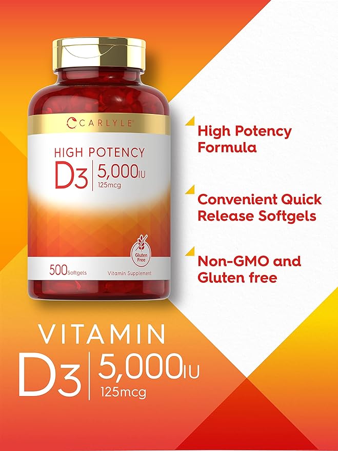 Gélules de vitamine D3 5000 UI Carlyle | 500 unités | Format économique | Complément sans OGM et sans gluten | Formule haute puissance | 125 mcg