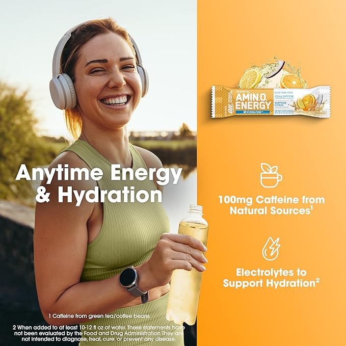 Optimum Nutrition Amino Energy Plus Hydration Packets, On-The-Go Caffiene Stick Packs, Surfside Citrus, 25 Count