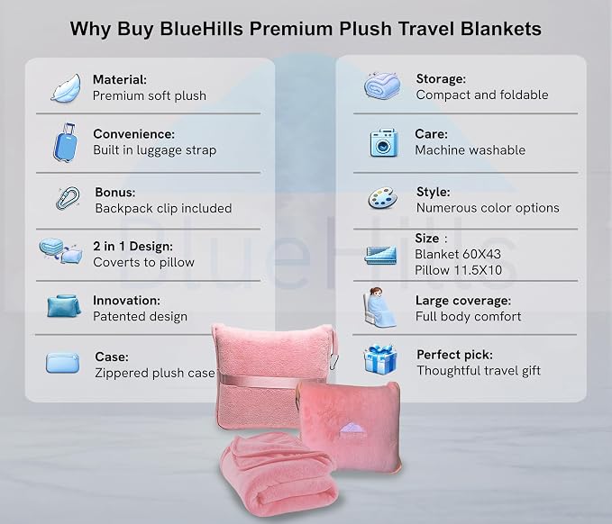 BlueHills Premium Soft Travel Blanket Pillow Airplane Blanket in Soft Bag case with Hand Luggage Belt and Carabiner Compact Pack Large Cozy Portable for Plane Car Train Transit Light Pink T020