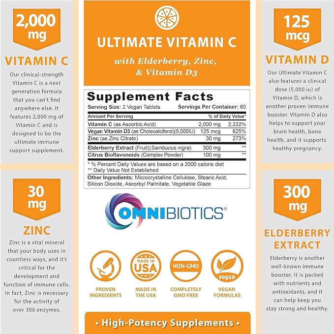 OmniBiotics アルティメット ビタミンC サプリメント 2000mg – 亜鉛、エルダーベリーエキス、D3配合 – 高効力免疫サポート＆コラーゲンブースター – ビーガンタブレット120錠