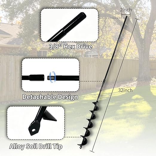 TCBWFY 2x32 Inch Auger Drill Bit for Planting - Long Handle Easy Planter Garden Auger - Bulb & Bedding Plant Augers - Post Hole Digger for 3/8”Hex Drive