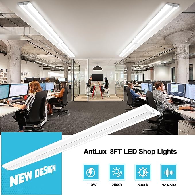 AntLux 110W 8FT LED Shop Lights Ultra Slim LED Wraparound, 12600LM, 5000K, 8 Foot Strip Light, Flush Mount Garage Office Warehouse Ceiling Lighting Fixture, 8 Foot Fluorescent Tube Replacement, 4 Pack