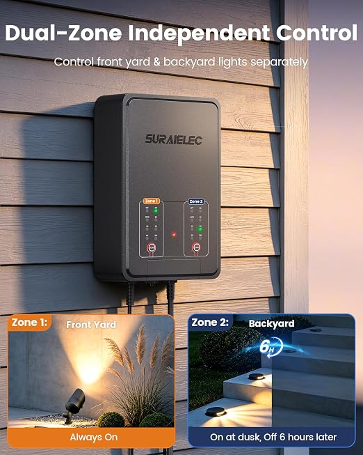 SURAIELEC 300W Low Voltage Landscape Transformer, 2 Independent Zones, Outdoor Waterproof Landscape Lighting Transformer with Timer & Photocell Sensor, 120V to 12/15V AC, Quick-Clamp Terminal