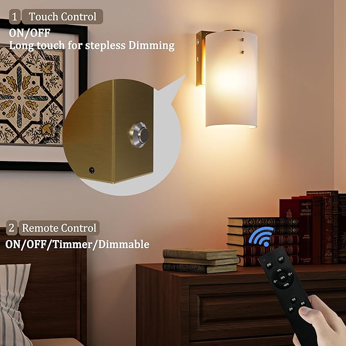 Morauroral Gold Modern Battery Operated Wall Sconces Set of Two, Rechargeable Wall Sconce with Dimmable Remote, Indoor Wall Lights Warm Light for Living Room Bedroom with White Shade (Bulbs Included)