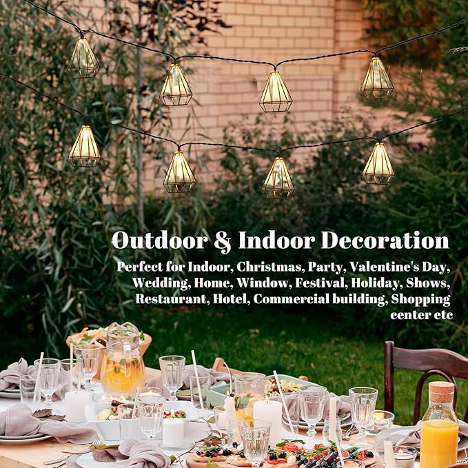 Diamond String Lights 10 LED 6.8 ft Battery Operated, Geometric String Lights Warm White, Black Metal Lamps Decor for Indoor Wedding Party Bedroom Christmas