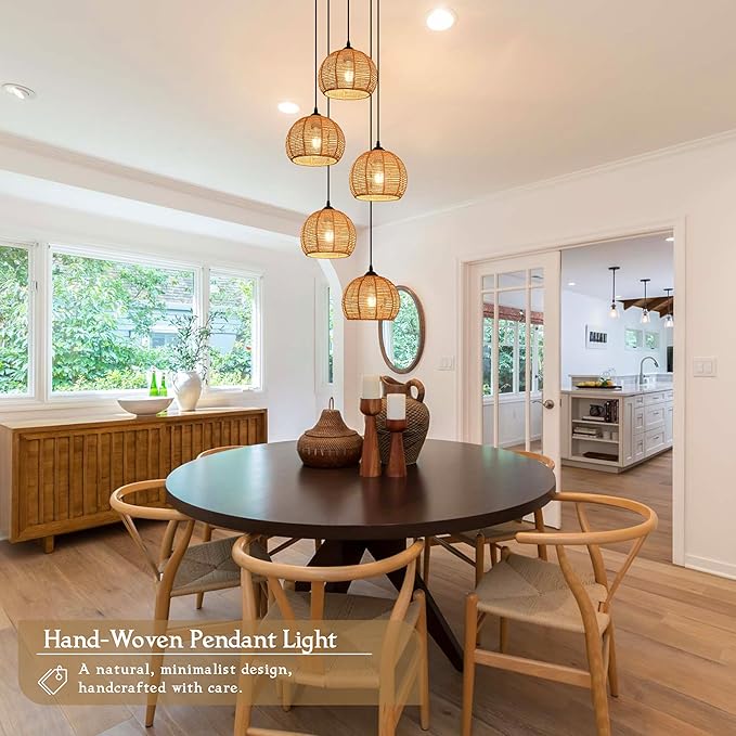 5-Light Woven Foyer Chandeliers for High Ceiling,5 Dome Boho Rattan Pendant Light Farmhouse Wicker Ceiling Light,rustic Hemp rope Light Fixture For Living Room Hallway Staircase Entryway(Bulb Incl.