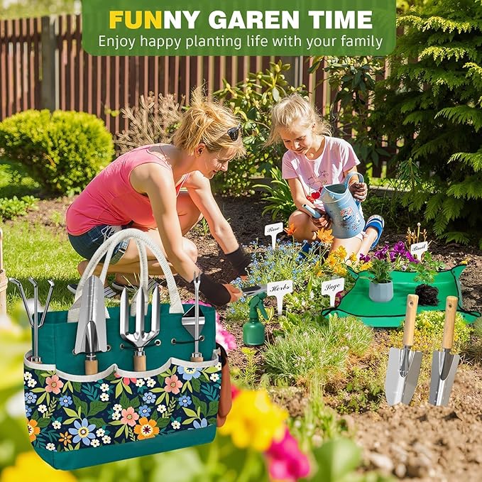 22Pcs Gardening Tools Set for Women Heavy Duty Garden Hand Tools Kit Garden Gifts for Mothers Day Mom Beginner Gardening Accessories with Tote Bag/Shovels/Repotting Mat/Plant Labels/Gloves-Dark Green