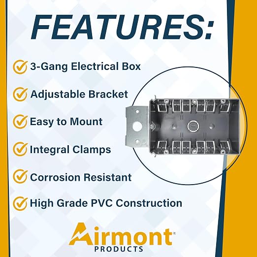 (4-Pack) Adjustable 3-Gang Electrical Box for New Construction – Heavy-Duty Grey PVC Switch & Outlet Box with Metal Bracket, ETL Listed Junction Box for Switches, Outlets & Wiring Projects