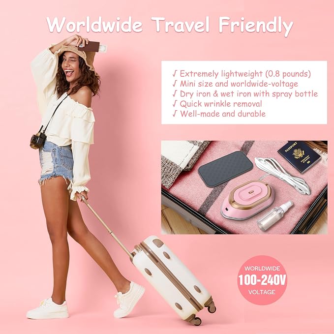 Newbealer Travel Iron Set, 100-240V Mini Dry Iron for Clothes (No Steam) | Max 300W, Heats in 60s, 302℉ Ceramic Soleplate, Handy Heat Press, 0.8lbs Lightweight for Quick Touch-ups Worldwide (Pink)