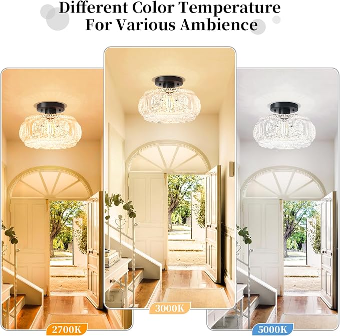 Semi Flush Mount Ceiling Light, Upgraded Larger Black Glass Ceiling Light Fixture, Vintage Lighting for Hallway Kitchen Bedroom Dining Room, Bulb Not Included