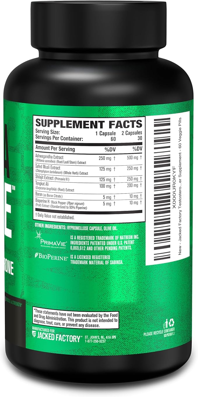 Jacked Factory Testosterone Booster for Men PRIMASURGE - w/Tongkat Ali, PrimaVie, Ashwagandha - Boost Vitality, Muscle Growth & Energy | Natural Muscle Builder Supplement - 60 Veggie Pills