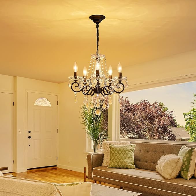ANJIADENGSHI Small Crystal Chandelier, Modern Black Chandelier Dining Room Light Fixture, Mini Crystal Pendant Light for Bedroom Ceiling Light Fixture for Living Room Entryway Kitchen Island Hallway
