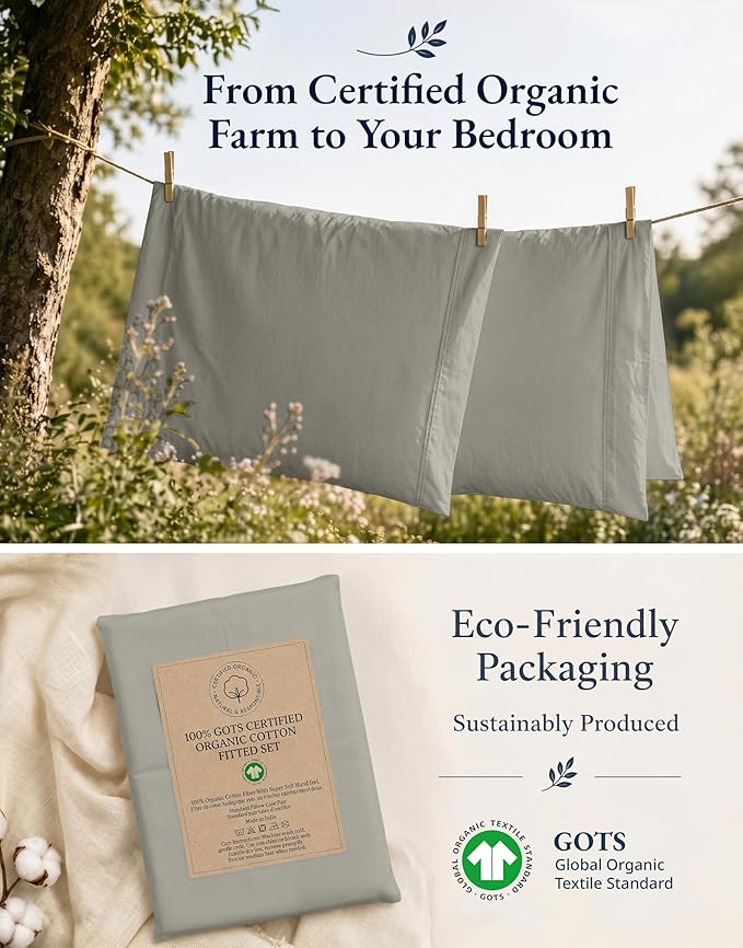 LANE LINEN 100% Organic Cotton Twin Fitted Sheets, 2-Piece Set (1 Fitted Sheet, 1 Pillowcase), Percale Weave, Lightweight, Ultra Soft, Breathable, Fits Mattress Upto 15" Deep - Silver (No Flat Sheet)