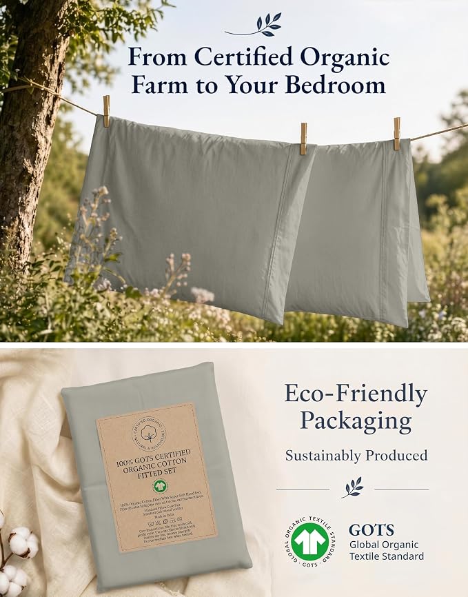 LANE LINEN Twin XL Fitted Sheet, 100% Organic Cotton 2-Piece Set (1 Fitted Sheet, 1 Pillowcase), Percale Weave, Bottom Sheet, Soft, Breathable, Fits Mattress Upto 15" Deep - Silver (No Flat Sheet)
