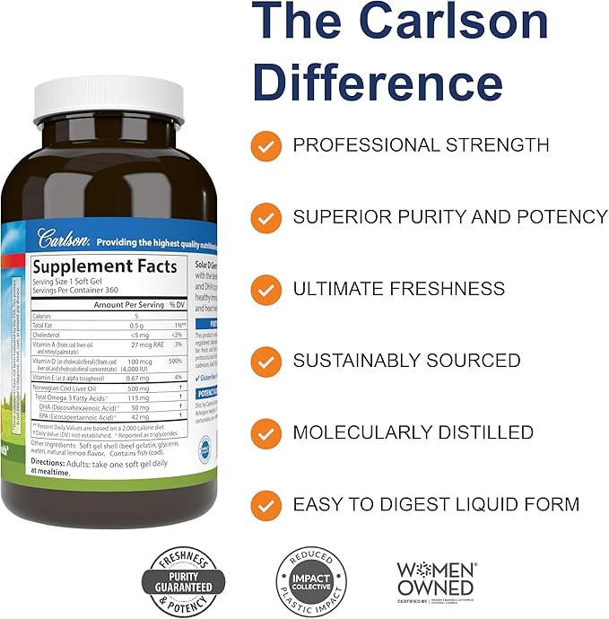 Carlson Solar D Gems, 4 000 UI D3 + 115 mg d'oméga-3, 360 gélules