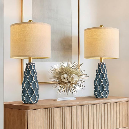 20.75" Small Table Lamps for Living Room Bedroom Lamps Set of 2 Ceramic Modern Boho Bedside Lamps Night Stands Farmhouse Vintage Nightstand Lamp Reading Light Home Office Dorm Desk Deco Gifts, Blue