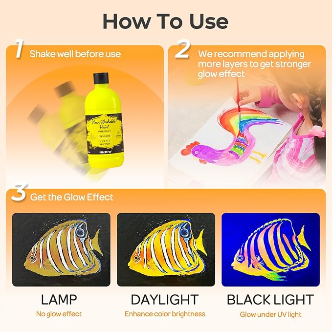 Nicpro 6 Colors Fluorescent Large Washable Paint Set for Kid (16.9 oz), Glow in the Black Light, Non Toxic Neon Tempera Paints for Art, Craft DIY, Poster & Finger Paint, School, Home, Classroom, Party