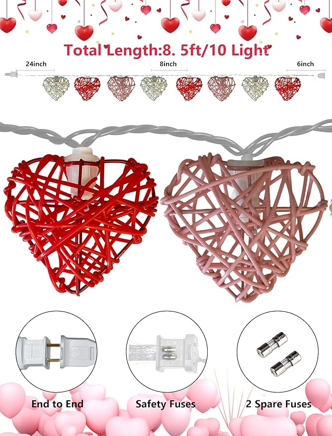 Red Pink and White Heart Shape String Lights, 8.5Ft Valentine's Day Decorations Lights with 10 LED Heart Light Bulbs, Hanging Window Fairy Lights for Indooe Outdoor Wedding Anniversary Valentine Decor