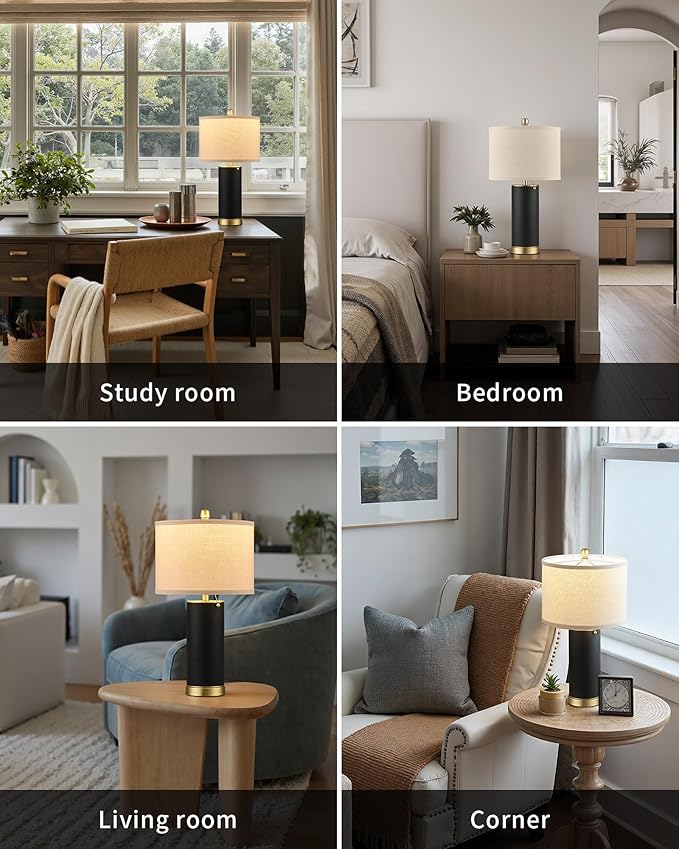 KDG 23.4" Black PU Leather Table Lamps for Living Room Set of 2, E26 Socket LED Modern Home Decor Fabric Lampshade Desk Lamp Lighitng for Bedroom, Bedside, Farmhouse, Nightstand, Night Light