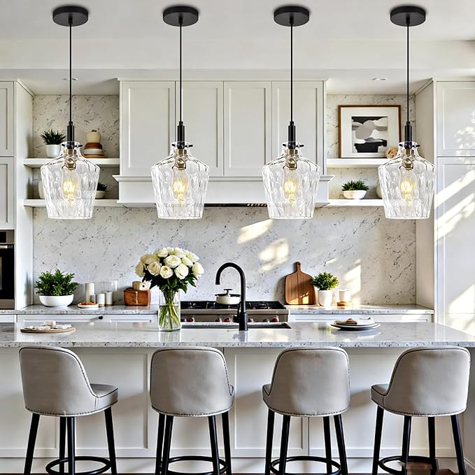 Modern Hammered Glass Pendant Light for Kitchen Island 2 Pack, Farmhouse Black and Gold Pendant Light Fixtures, Height Adjustable Ceiling Pendant Light, 8 Inch