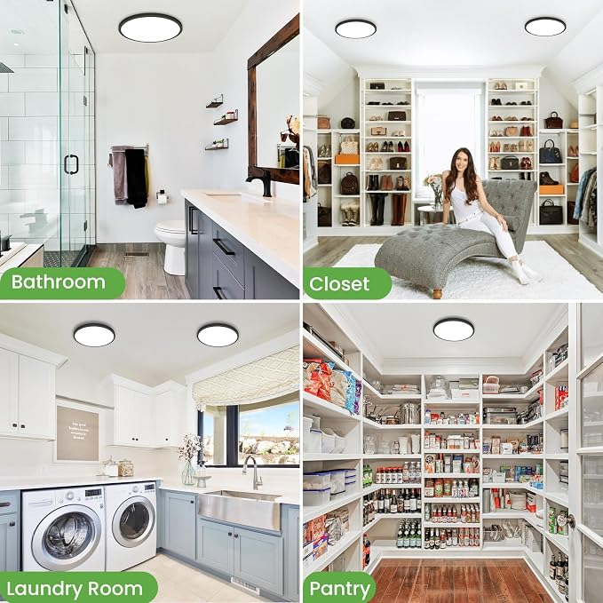 zemty LED Ceiling Light 9 Inch,24W 2400lm Bright Flush Mount Light Fixture 3000K/4500K/6000K Adjustable, Black Thin Flat Ceiling Lamp for Bathroom Closet Pantry Hallway - 6Pack