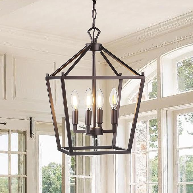 JONATHAN Y 12" Oil Rubbed Bronze Lantern Pendant Light, 4-Light Pagoda Style Metal Cage Farmhouse Hanging Ceiling Fixture for Kitchen Island, LED Bulb Included (JYL7436A)