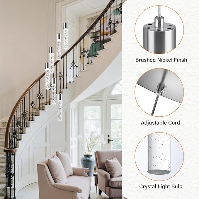 Pendant Lights Kitchen Island, 3000K-6500K Modern Kitchen Island Lights, Ceiling Lighting Fixtures with Crystal Bubble, 3 Color Integrated LED Hanging Light Brushed Nickel 1 Pack(6-Light)