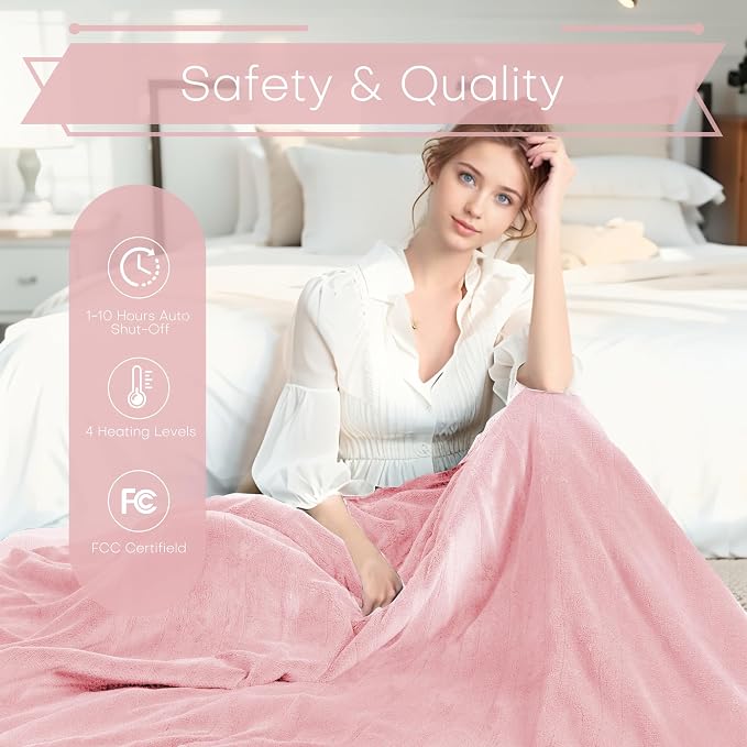 Electric Heated Blanket King Size 90"x100", Dual-Sided Coral Fleece & Sherpa Fabric, 4 Heat Settings & 10H Auto Off, Soft Warm for Home, Office, Bed, Couch, Machine Washable, Dual Control, Light Pink