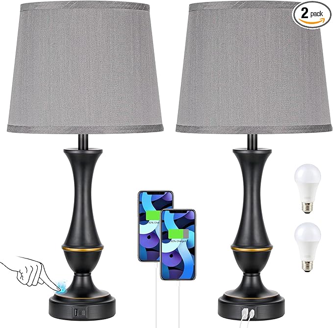 Seealle Upgraded Touch Lamps for Bedrooms Set of 2 - Nightstand Table Lamp with USB C+A, 3 Way Dimmable Lamps for Living Room(Grey)