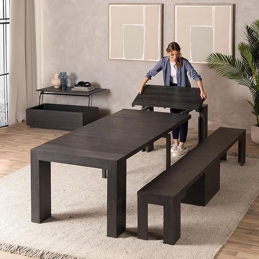 Transformer Table - Solid Wood Extendable Dining Table, Seats 2-12, Expandable Dining Room Table, Space-Saving Furniture, Kitchen and Dining Room Furniture (Black, Table + Bench + Coffee Table)