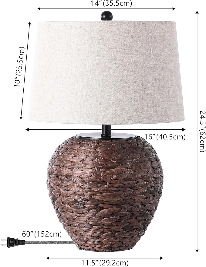 JONATHAN Y 24.5" Dark Brown Water Hyacinth Farmhouse Basket Table Lamp, Coastal Decor for Living Room Bedroom Nightstand, Light Gray Linen Shade, LED Bulb Included (JYL6501B)