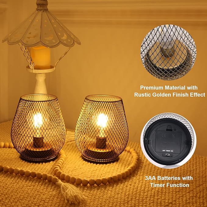 Set of 6 Battery Operated Lamp LED Table Lantern, Golden Metal Cage Cordless Lamps with LED Bulb, Vintage Decorative Outdoor Lantern for Weddings, Party, Patio, Events for Indoors Shelf Decor