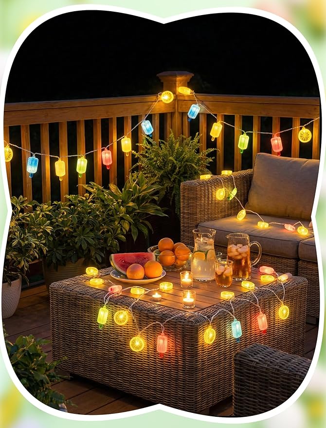 8.5FT Popsicle and Lemon String Lights, Tropical Beach Decorations Lights with 10 Multicolor Popsicle Lemon Bulbs, UL Listed Waterproof Fairy Lights for Summer Party Patio Bedroom Holiday Camping