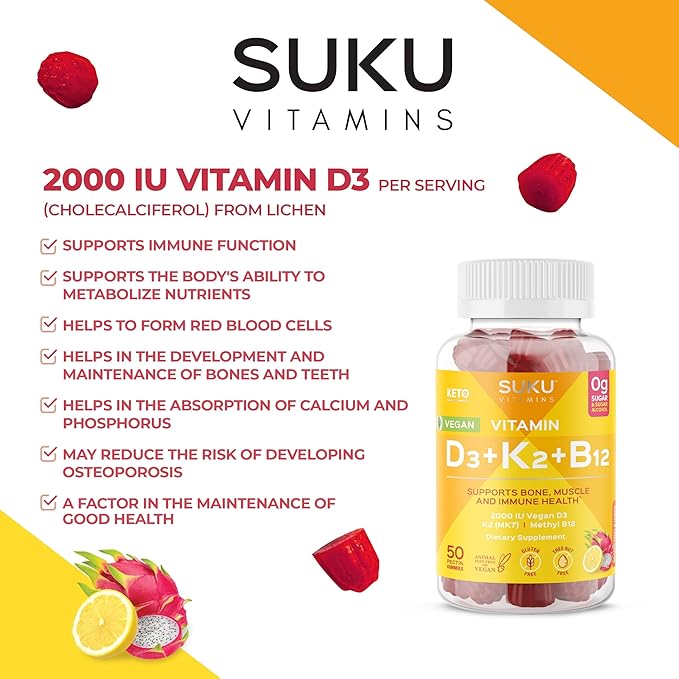 SUKU Vitamins ビーガンD3 + K2 + B12 シュガーフリー＆シュガーアルコールフリー ケト 2000IU ビタミンD グミサプリメント 丈夫な骨、免疫機能、健康な代謝をサポート レモンドラゴンフルーツ風味 (グミ50粒)