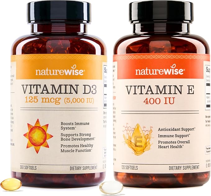 NatureWise Vitamin D3 5000IU (125mg) 360 Count + Vitamin E 400 IU (180mg DL-Alpha) 120 Count - Bundle for Immune, Bone, Heart Health Support - Gluten Free, Non-GMO, Halal Gelatin