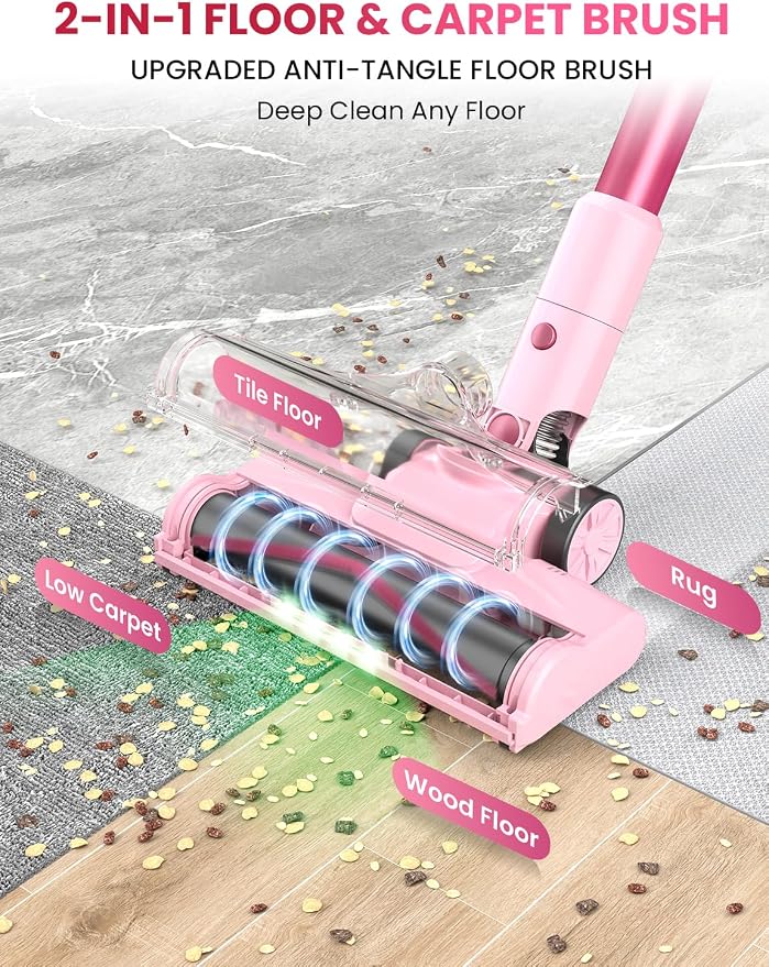 Dzaki Cordless Stick Vacuum Cleaner, 50KPa Brushless Motor Vacuum with Anti-Tangle, LED Display, 55-Min Runtime & Detachable Battery for Pet Hair, Carpet & Hardwood Floors (Cranberry)