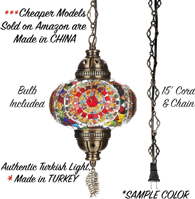 DEMMEX Authentic Turkish Mosaic Plug-in Swag Pendant Light Fixture, Large 6.5" Globe – Moroccan Hanging Ceiling Lamp - 15ft Cord & Chain, US/CA Plug, Exotic Mediterranean Decor, Handmade