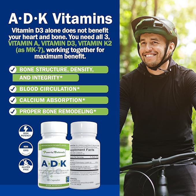 Power By Naturals Complément de Vitamines ADK – Mélange Hautement Dosé de Vitamines A, D3 5000 UI et K2 MK7 pour la Santé Osseuse – Complément de Vitamines A D K – 60 Gélules (2 Mois d'Approvisionnement)