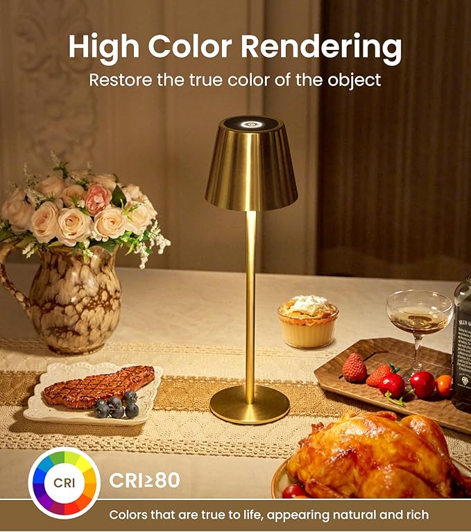 Cordless Table Lamp, Portable Battery Operated Lamp with 3 Color Temps and Stepless Dimming, Rechargeable Table Lamp for Dinner, Desk, Cafe, Outdoor (Brushed Gold)