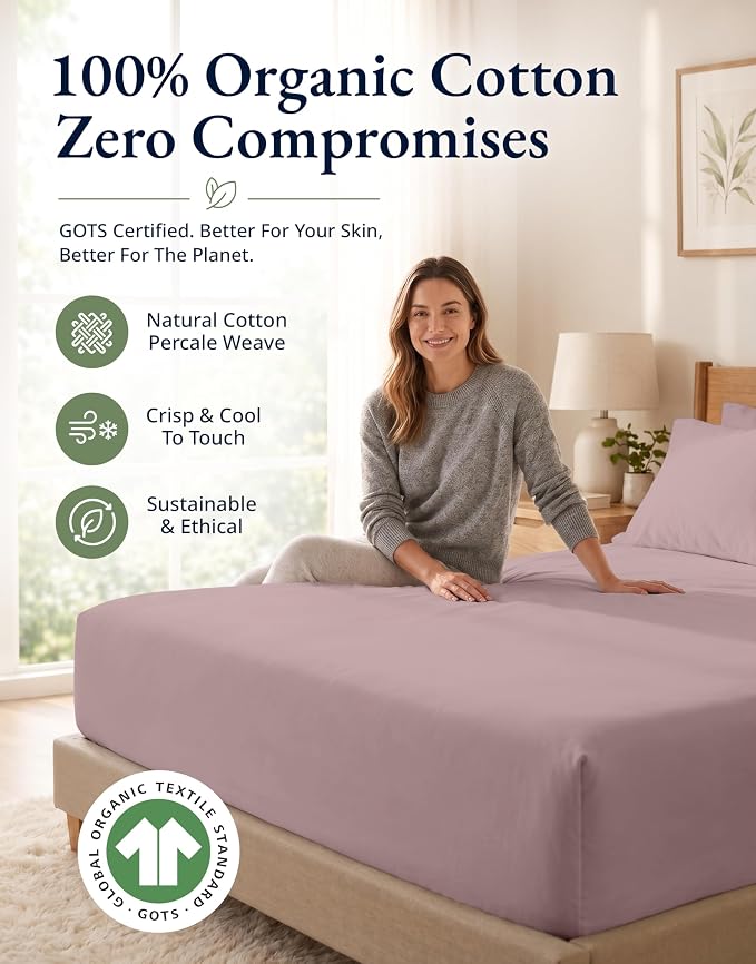 LANE LINEN 100% Organic Cotton Twin Fitted Sheets, 2-Piece Set (1 Fitted Sheet, 1 Pillowcase), Percale Weave, Lightweight, Soft, Breathable, Fits Mattress Upto 15' Deep - Lilac (No Flat Sheet)