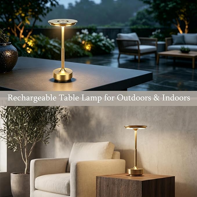 Rechargeable Cordless Table Lamp Set of 2, Portable Battery Operated LED Table Light, 3 Color Stepless Dimming with Touch Sensor & Memory Function for Outdoor Camping Patio café Restaurant Bars, Gold