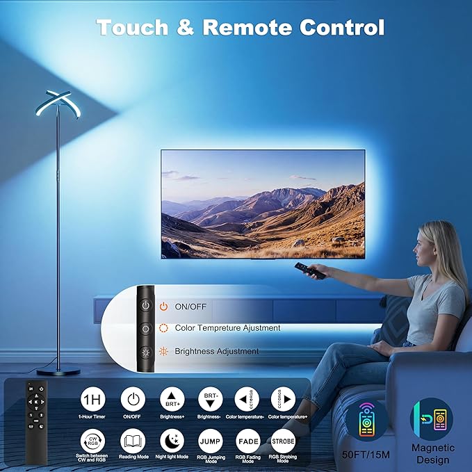 mukuxin Floor Lamp for Living Room, Floor Lamp with Remote Control & Touch Control, 36W 2600lm Standing Lamp with 2 Rotatable Light, 3000-6000K Dimmable LED Floor Light for Bedroom Office
