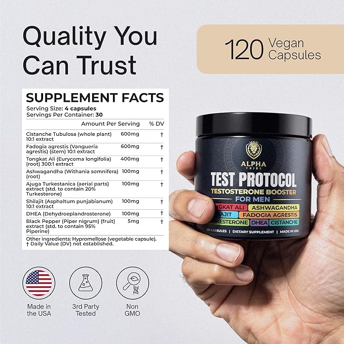Alpha Tribe Test Protocol - Elite Natural Testosterone for Men | Testosterone Supplement for Men with Ashwagandha & Tongkat Ali (120 Count Pack of 1)