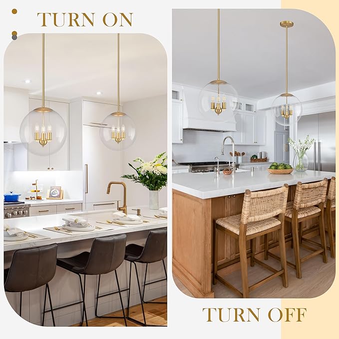 Bagood 14" Globe Pendant Light Contemporary Globe Pendant Lights Kitchen Island 3 Light Gold Mid Century Pendant Light Clear Glass with Brass Finish Adjustable Hanging Light Fixture for Dining Room