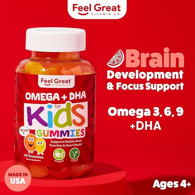 Feel Great Vitamin Co. キッズ用コンプリートDHAグミ | オメガ3 6 9 + DHA、ビタミンC配合 | 脳機能、視力、心臓の健康をサポート | グルテンフリー、ベジタリアン | 60粒