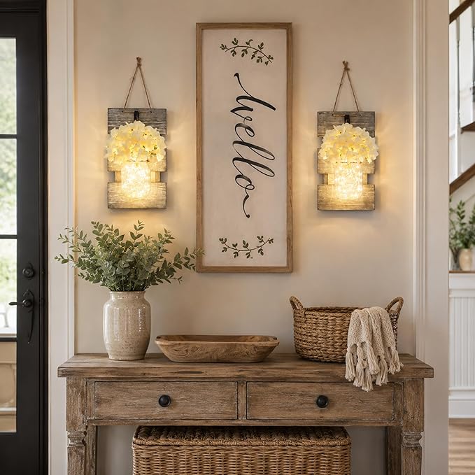 Farmhouse Sconces Wall Decor Set of 2, Dining Room Art Wall Decor, Home Decor,Living Room, Bathroom, Hanging Vintage Wall Sconce 6-Hour Timer, Gray
