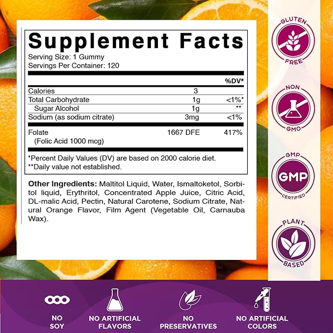 Vitamatic Folic Acid Gummies 1000 mcg (1 mg) - an Essential Prenatal Vitamins for Mom & Baby - Vitamin B9-120 Vegan Gummies (1)