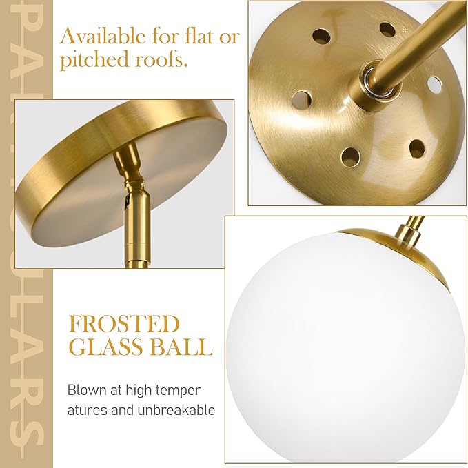 Bagood 8" Globe Pendant Light Gold 2 Pack Mid Century Pendant Light Globe Pendant Lights Kitchen Island Brushed Brass Finished with Milk Glass Adjustable Ceiling Light Fixtures for Dining Room Bar