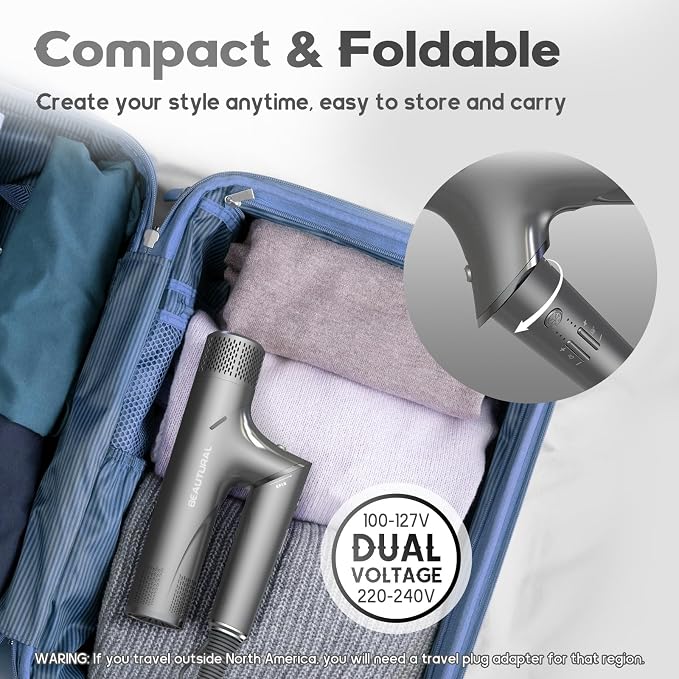 BEAUTURAL Hair Dryer, 1600W High-Speed Foldable Travel Blow Dryer, 110,000 RPM Brushless Motor Million Ionic for Fast Drying & Frizz Control, 3 Temps & 3 Speeds, Dual Voltage for Worldwide Use, Gray